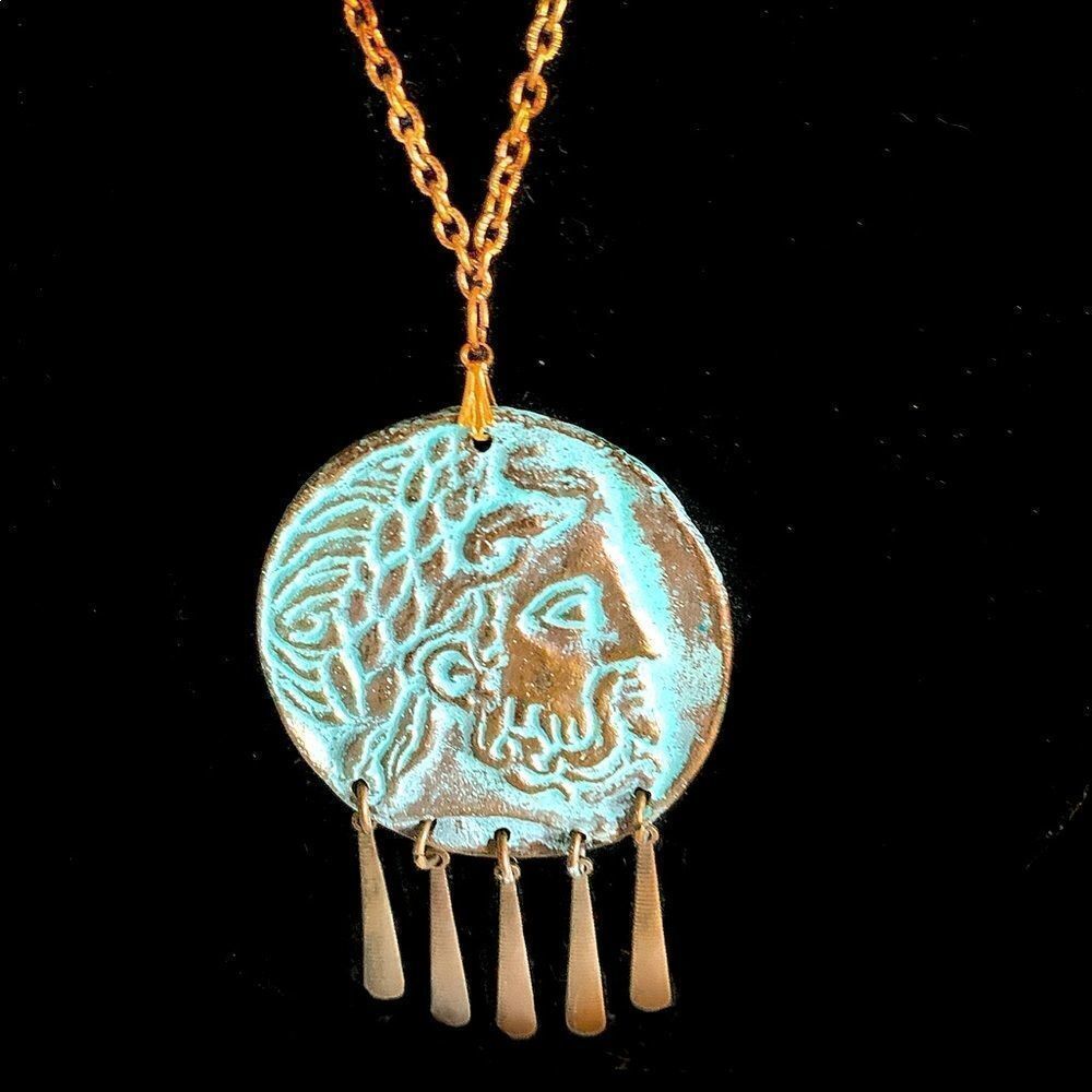 Vtg Greek Museum reproduction large brass head portrait Archer pendant necklace